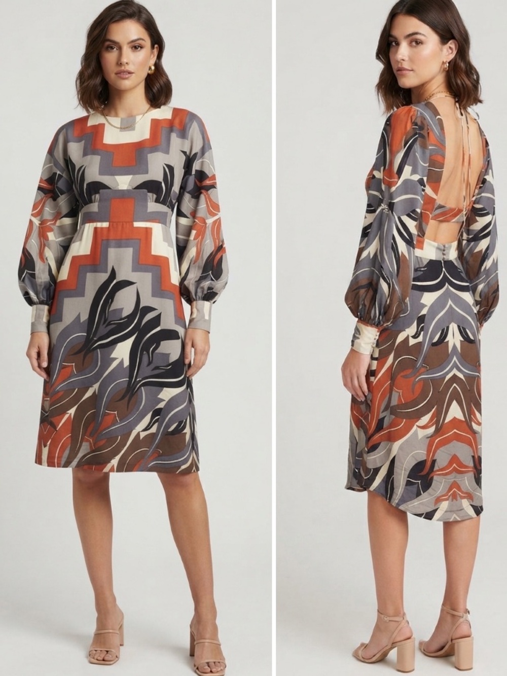 Tibi Geometric Long Sleeve Silk Shift Dress
